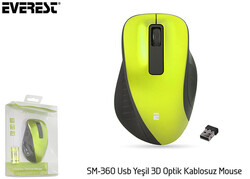  - Everest SM-360 Usb Yeşil 3D Optik Süper Sessiz Alkalin Pil Kablosuz Mouse